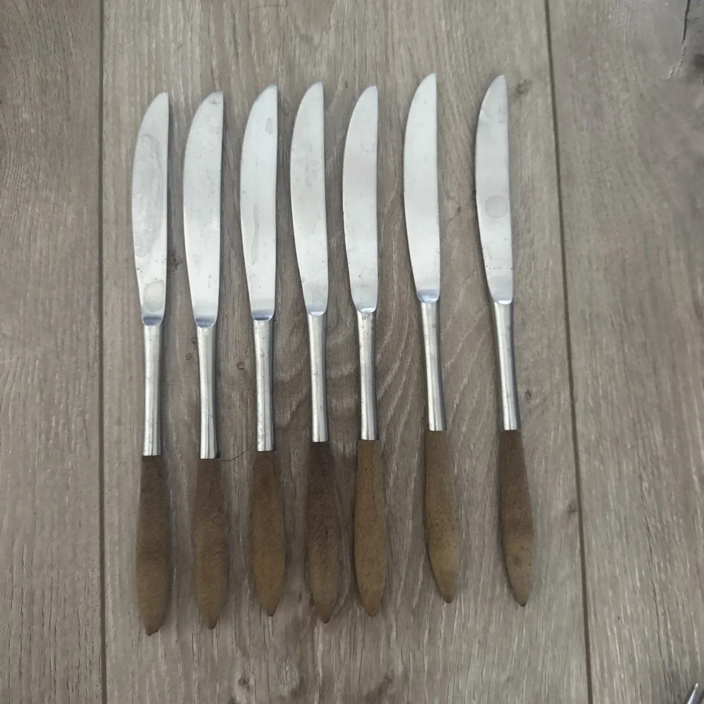 EPIC Forged Stainless‎ Wood Handle Silverware Dinner Knives Set Of 7 Vintage MCM
